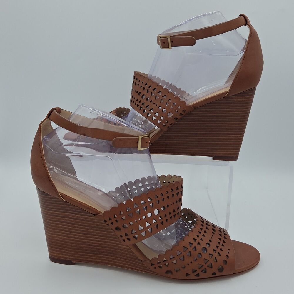 NWOB Tory Burch Perforated Gladiator Wedge Sandal 10.5 M Brown Leather Cutout